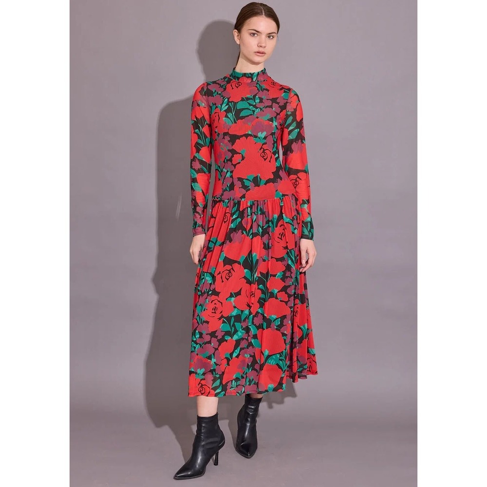NWT Alden Adair Mochi Dress Legacy Floral Red Mesh Long Sleeve Maxi size Small